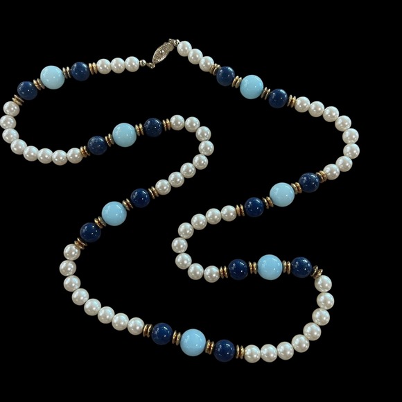 Ocean Sky Blue & Pearl Colored Glass Beaded Necklace Lapis Accents - Picture 5 of 7